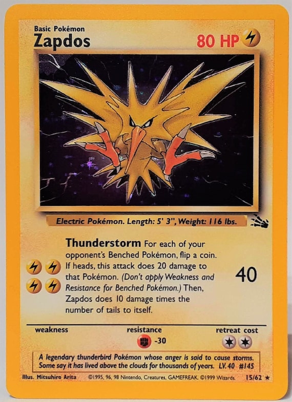 Original 1999 POKEMON Fossil Zapdos 15/62 Holo Unlimited Game Card