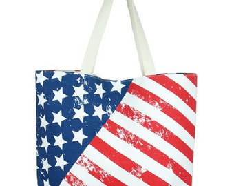 New Small Handmade Americana Flag Flowers Summer Country Denim Tote Bag