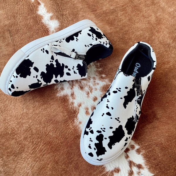 Cow Print Slip On Shoes W/ Side Zipper