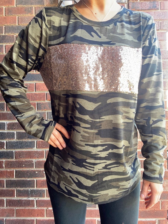 Sunshine & Rodeos Camouflage and Sequin Long Sleeve Top-Size XL