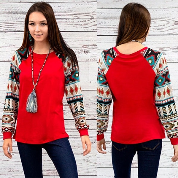 Sunshine & Rodeos Aztec Print Long Sleeve Top-Red