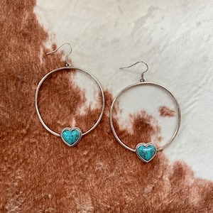 Western Semi Stone Heart Hoop Dangle Earrings