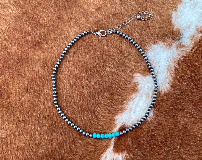 Faux Navajo Pearl and Turquoise Necklace, Silver Bead Necklace, Western