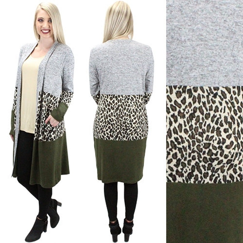 Sunshine /& Rodeos Leopard Color Block Cardigan with Pockets-Olive-medium