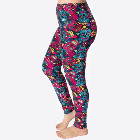New Mix Buttery Soft Multi Colored Sugar Skull Leggings-One Size (0-14)