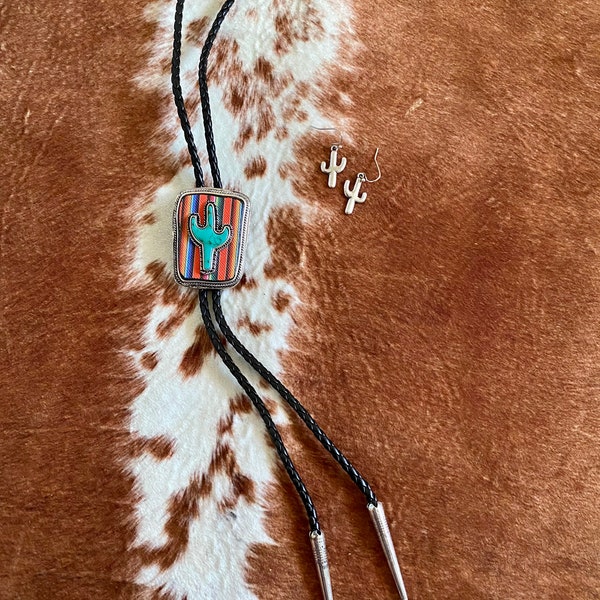 Stone Cactus & Serape Black Bolo Necklace Set