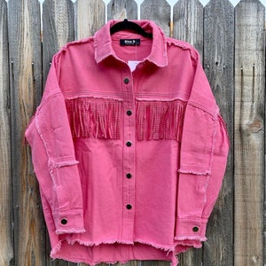 Studded Fringe Denim Jacket-hot Pink - Etsy