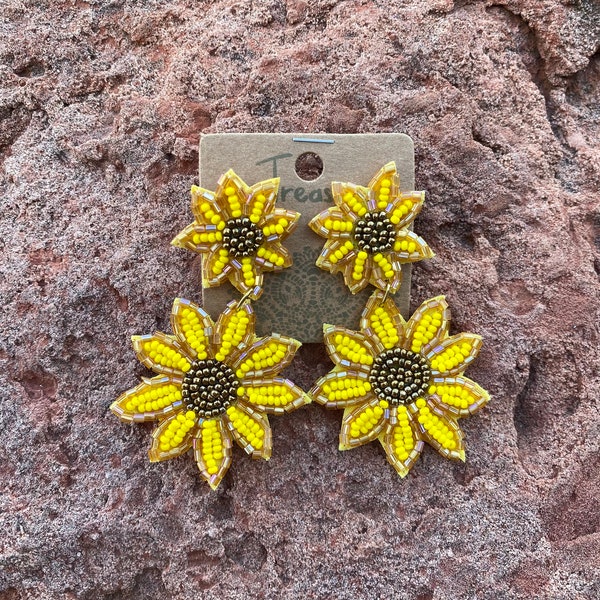 Treasure Seed Bead Sunflower Dangle Stud Earrings