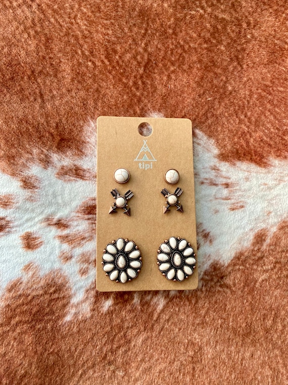 3 Pair Western Stone Earrings Set Etsy