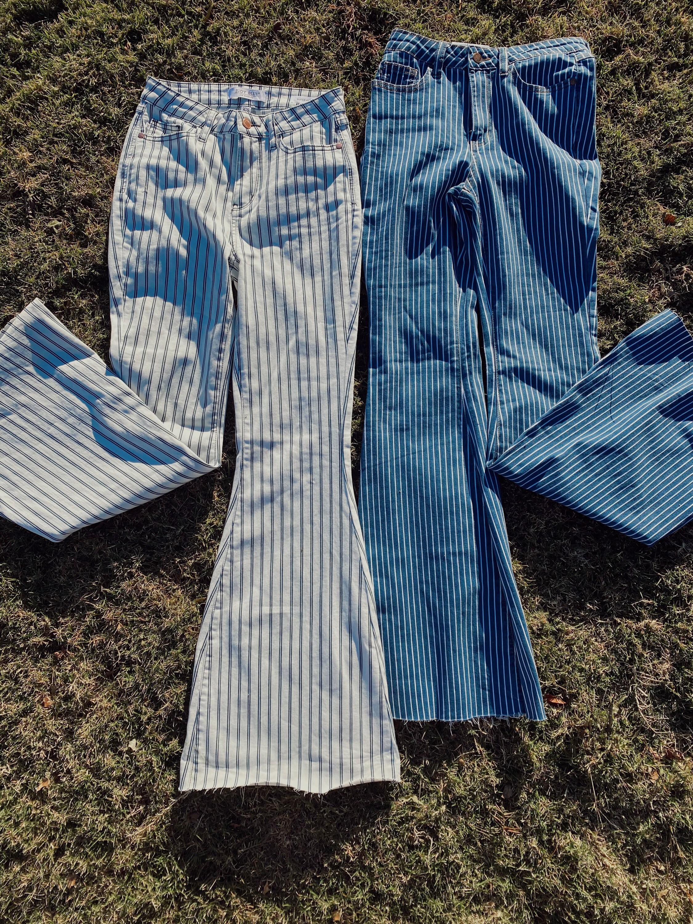 Blue and white cheap striped flare pants