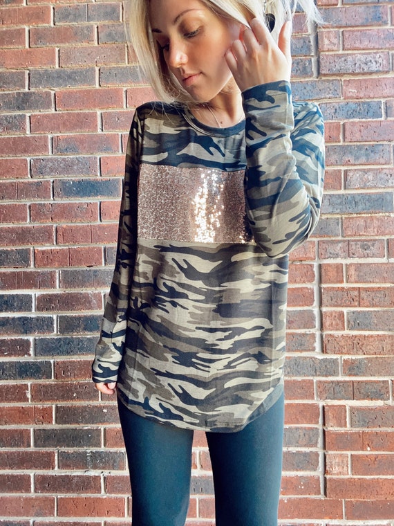 Sunshine & Rodeos Camouflage and Sequin Long Sleeve Top-Size XL