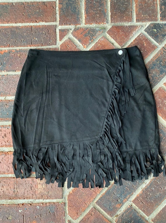 Asymmetrical Fringed Suede Mini Skirt-black | Etsy