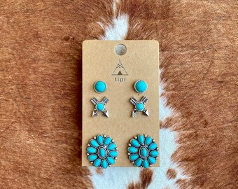 Tipi 3 Pair Western Stone Earrings Set - Etsy