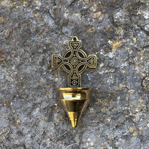 Irish Brass Holy Water Font with Nimbus Cross | Celtic Ringed Cross Wall Hanging | Catholic Home Blessing Font