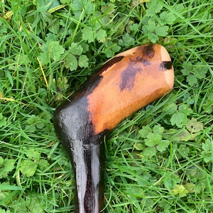May include: Close-up of the top of a wooden walking stick with a dark brown stain. The handle is curved and has a natural wood color.