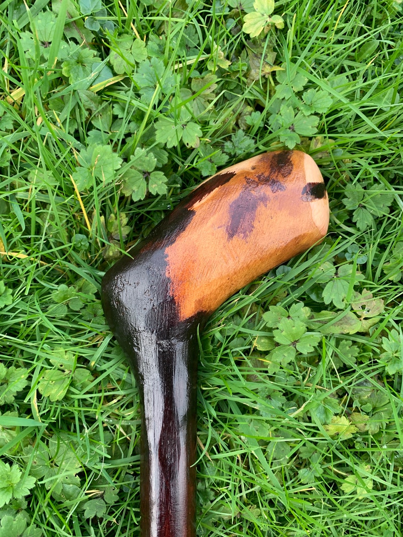May include: Close-up of the top of a wooden walking stick with a dark brown stain. The handle is curved and has a natural wood color.