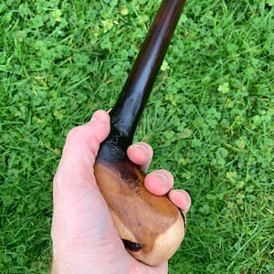 May include: A wooden walking stick with a dark brown stain and a natural wood handle. The handle is shaped to fit comfortably in the hand.