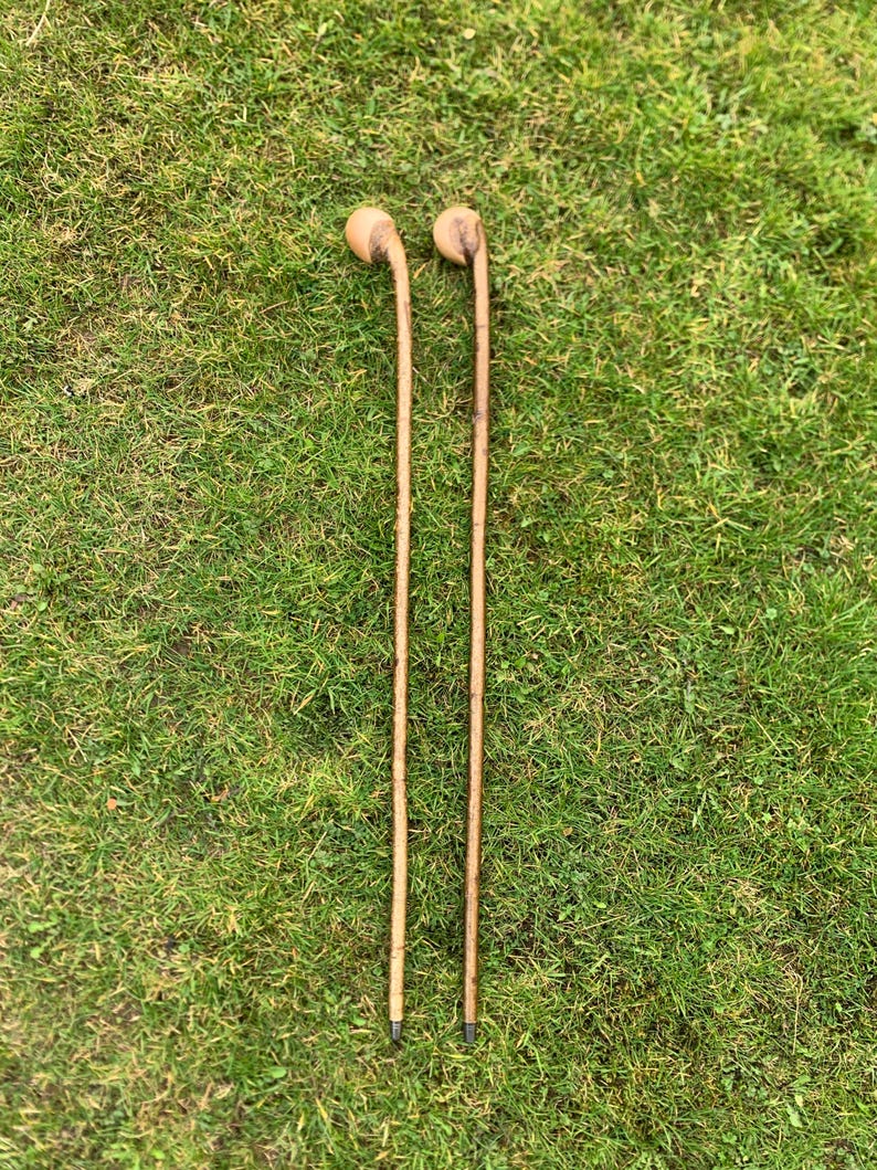 May include: Two wooden walking sticks with rounded tops. The sticks are brown and have a natural wood finish.