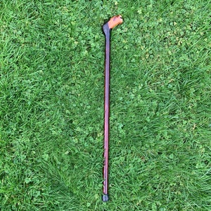 May include: A wooden walking stick with a carved animal head handle. The stick is brown and the handle is a light brown color. The stick is lying on a bed of green grass.