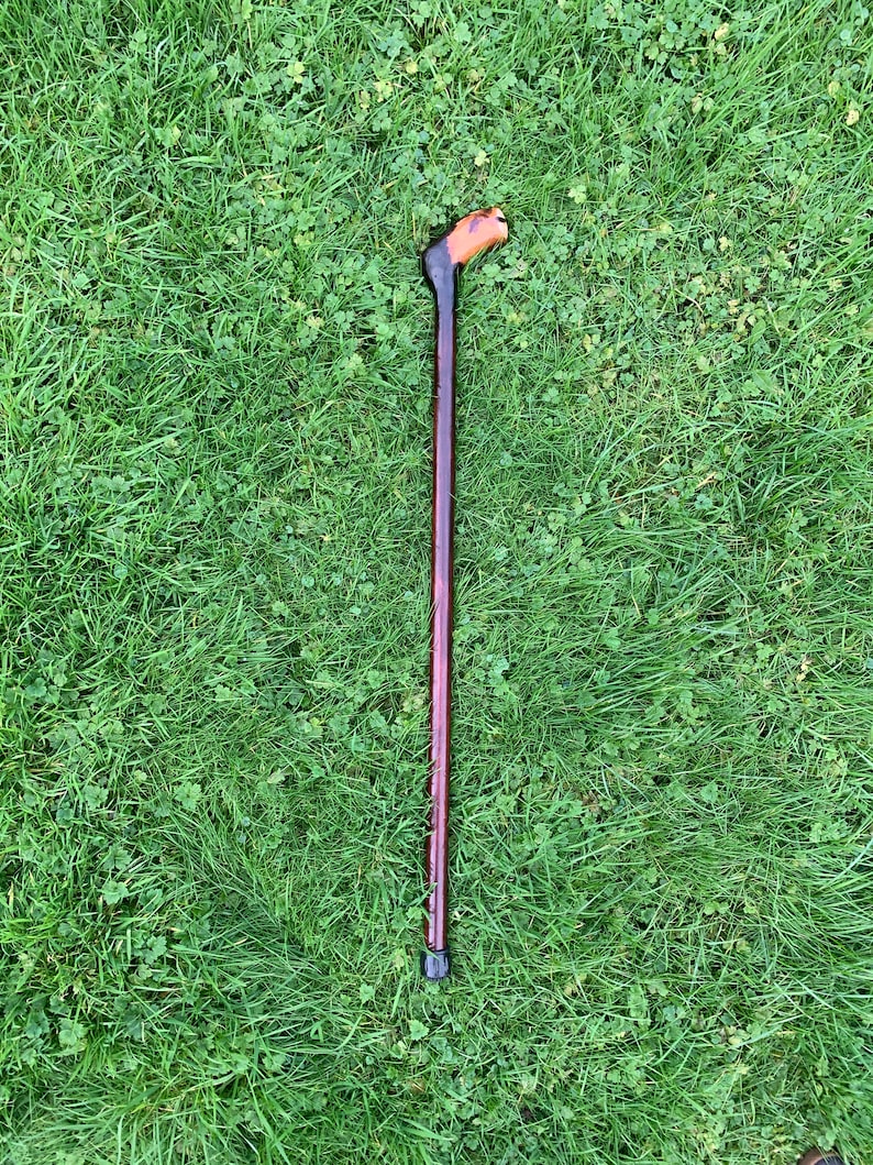May include: A wooden walking stick with a carved animal head handle. The stick is brown and the handle is a light brown color. The stick is lying on a bed of green grass.