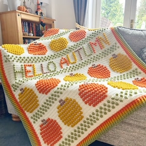 Hello Autumn Blanket, Autumn Blanket, Halloween Blanket, PDF Wzór szydełkowy, Wzór na szydełkowy koc, Bobble Stitch Blanket