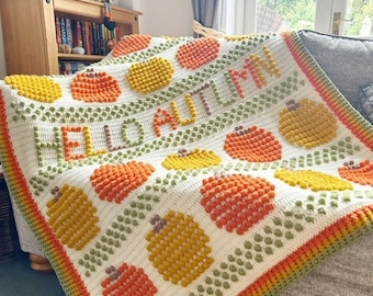 Hello Autumn Blanket, Autumn Blanket, Halloween Blanket, PDF Crochet Pattern, Crochet Blanket Pattern, Bobble Stitch Blanket