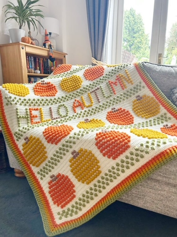 Hello Autumn Blanket, Autumn Blanket, Halloween Blanket, PDF Crochet Pattern, Crochet Blanket Pattern, Bobble Stitch Blanket