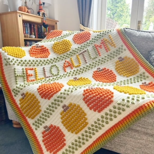 Hello Autumn Blanket, Autumn Blanket, Halloween Blanket, PDF Crochet Pattern, Crochet Blanket Pattern, Bobble Stitch Blanket