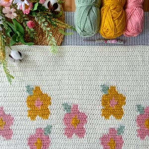May include: A white crocheted blanket with a floral design. The blanket features yellow and pink flowers with green leaves. Three balls of yarn are visible in the background, one green, one yellow, and one pink.