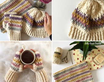 TRIPLE PATTERN BUNDLE Alpine Hat, Mitts and Cowl pattern, Crochet fingerless gloves pattern, Crochet Cowl, Crochet hat pattern