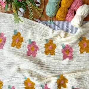 May include: A white crocheted blanket with a floral pattern. The blanket features pink, yellow, and green flowers. The blanket is folded in half and is lying on a wooden surface. There are balls of yarn in various colors in the background.