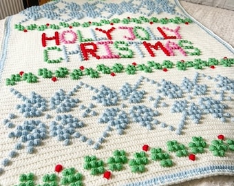 Coperta natalizia Holly Jolly, coperta natalizia, schema uncinetto PDF, schema coperta all'uncinetto, coperta con punto pompon