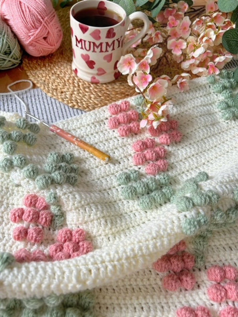 Spring Blossoms Blanket PDF Crochet Pattern, Instant Download, Crochet Blanket Pattern, Bobble Stitch Blanket zdjęcie 9