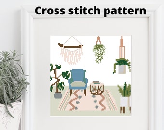 Living room plant cross stitch pattern, home, farmhouse, hanging plant, plant stand