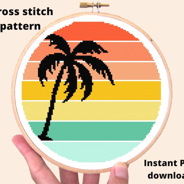 Retro sunset cross stitch pattern, beach, palm tree