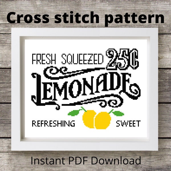 Fresh Squeezed Lemonade cross stitch pattern, farmhouse decor, kitchen craft