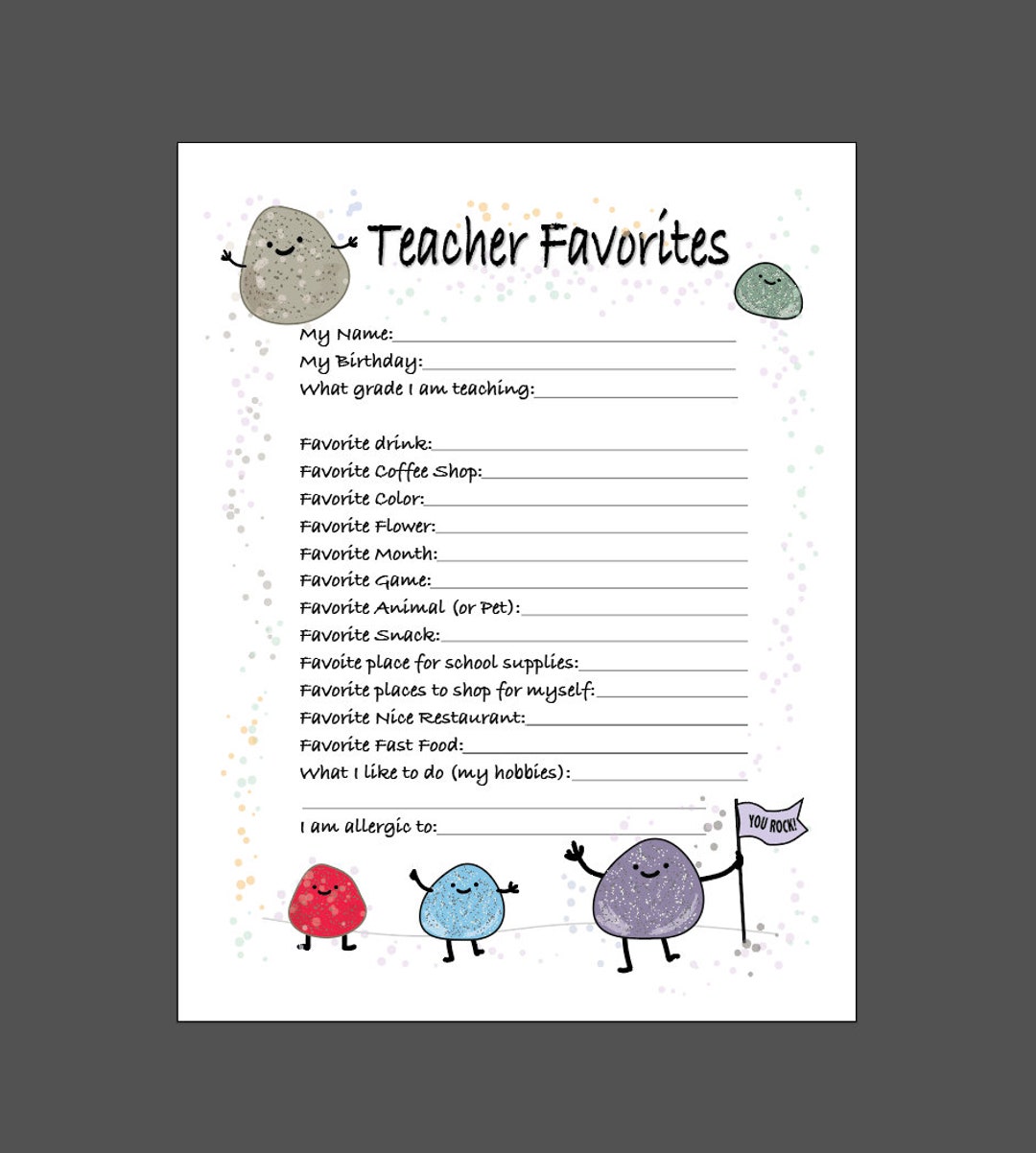 Teacher Favorites Printable All About Teacher Teacher Questionnaire