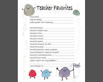 Teacher Favorites Printable- -My Favorites - All About Teacher - Teacher Questionnaire - Back to School - Teacher Survey - All About Me