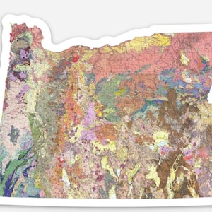 May include: A detailed geological map of Oregon, showing the different rock formations and geological features of the state. The map is color-coded, with different colors representing different types of rock.
