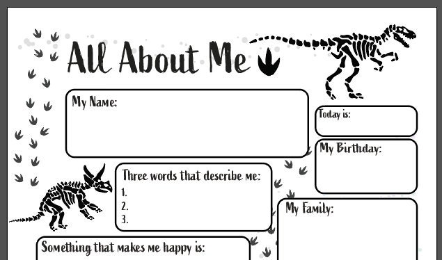 All About Me Dinosaur Printable - Student Favorites - Get to Know Me - Back to School - Survey - Student Favorites - T rex - Stegosaurus