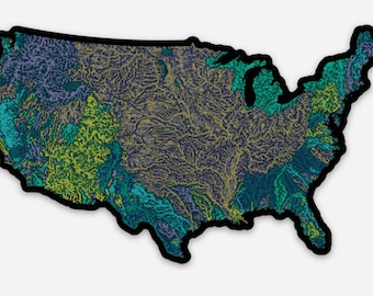 Autocollant bassins versants américains - autocollant rivière - hydrologie - cartographie - bassins versants - rivières - États-Unis - géologie - cadeau scientifique - autocollant scientifique