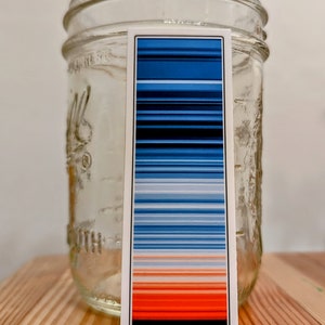 Pu&ograve; includere: Un adesivo con un grafico a barre colorato che mostra i cambiamenti della temperatura globale dal 1850 al 2020. Il grafico &egrave; blu in basso, passando all'arancione e al rosso in alto. Il testo "GLOBAL TEMPERATURE 1850-2020" &egrave; in basso sull'adesivo.