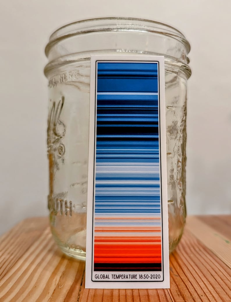 Pu&ograve; includere: Un adesivo con un grafico a barre colorato che mostra i cambiamenti della temperatura globale dal 1850 al 2020. Il grafico &egrave; blu in basso, passando all'arancione e al rosso in alto. Il testo "GLOBAL TEMPERATURE 1850-2020" &egrave; in basso sull'adesivo.