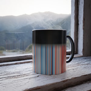 May include: A black and color-changing mug with a vertical striped pattern in shades of blue, orange, and red. The mug is filled with a hot beverage, as indicated by the rising steam. The mug sits on a weathered wooden surface.