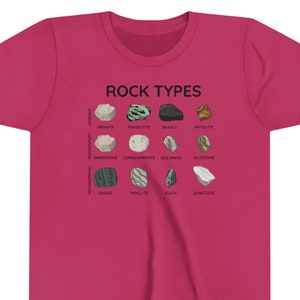 May include: Pink t-shirt with a graphic of different rock types, including igneous, sedimentary, and metamorphic rocks. The text "ROCK TYPES" is at the top of the graphic.