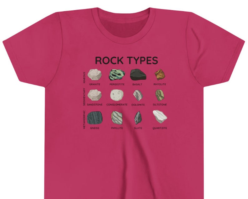 May include: Pink t-shirt with a graphic of different rock types, including igneous, sedimentary, and metamorphic rocks. The text "ROCK TYPES" is at the top of the graphic.