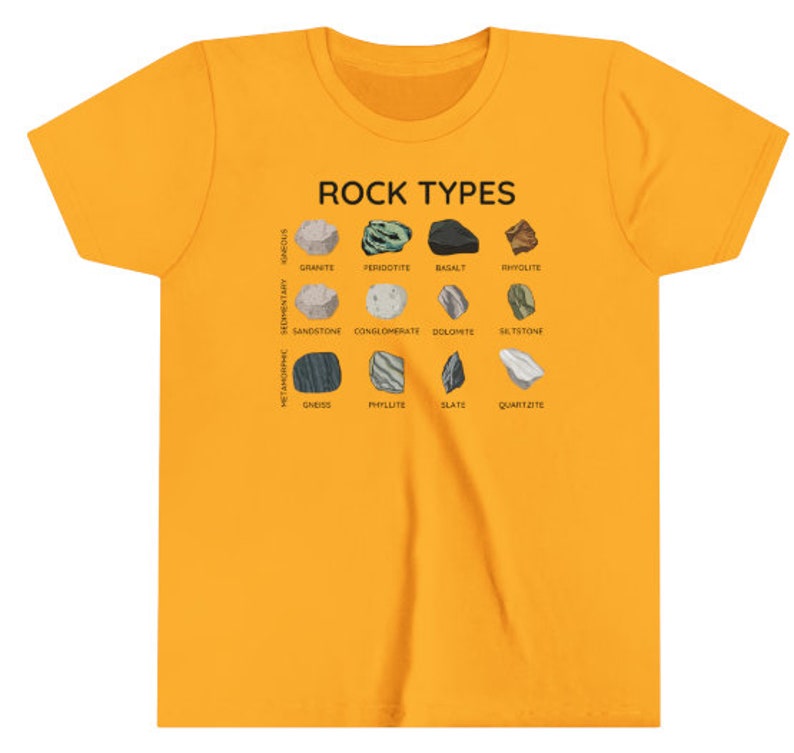 May include: A yellow t-shirt with a graphic of different types of rocks. The graphic is labeled with the rock types: Granite, Peridotite, Basalt, Rhyolite, Sandstone, Conglomerate, Dolomite, Saltstone, Gneiss, Phyllite, Slate, and Quartzite. The graphic is labeled with the rock types: Igneous, Sedimentary, and Metamorphic.