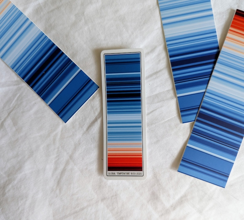 Pu&ograve; includere: Una carta bianca con una grafica a strisce blu e rosse che rappresenta la temperatura globale dal 1850 al 2020. Il testo "GLOBAL TEMPERATURE 1850-2020" &egrave; stampato nella parte inferiore della carta.