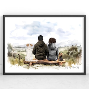 Impresión personalizada de pareja y mascota / Retrato familiar de perro / Regalo de San Valentín / Pareja con perro / Impresión de mascota / Familia de perros / Regalo para dueños de mascotas