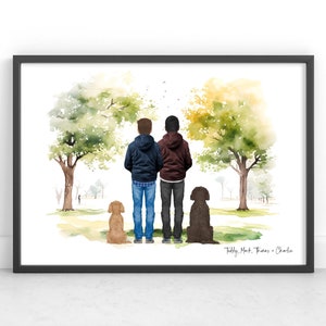 Stampa personalizzata di coppia gay e animali domestici / Regalo di anniversario / Stampa di coppia e animale domestico / Regalo di coppia gay / Ritratto di famiglia personalizzato / San Valentino